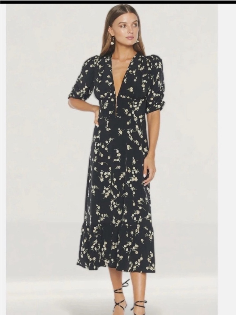 Flynn Skye Elsie Midi Dress in Black with Cream Floral Print